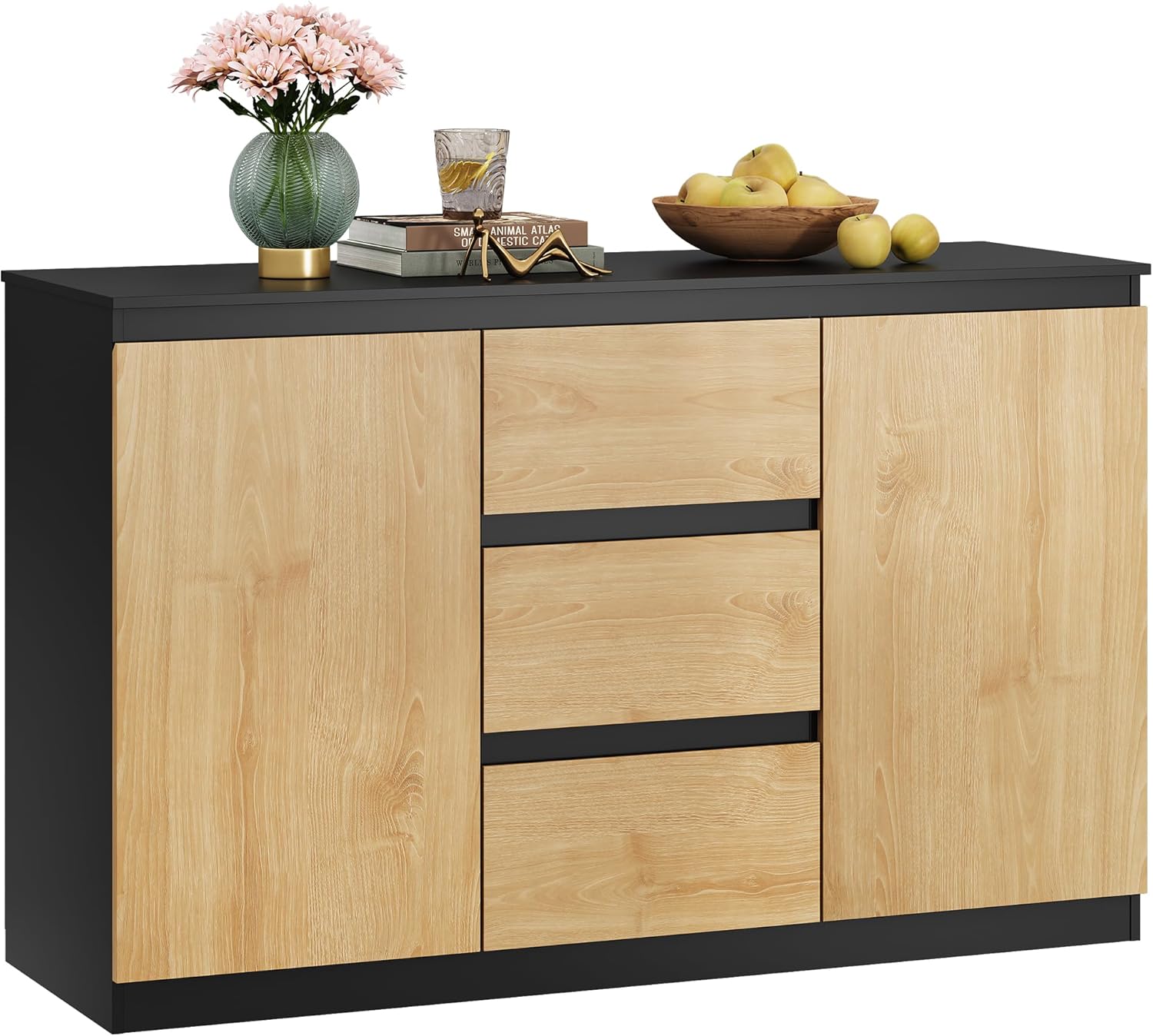 WLIVE Kommode mit 3 Schubladen, Schrank mit 2 Tür 4 Regalen, Modernes Sideboard, für Wohnzimmer, Schlafzimmer, Flur, Schwarz + Eiche, 120 x 75 x 40 cm