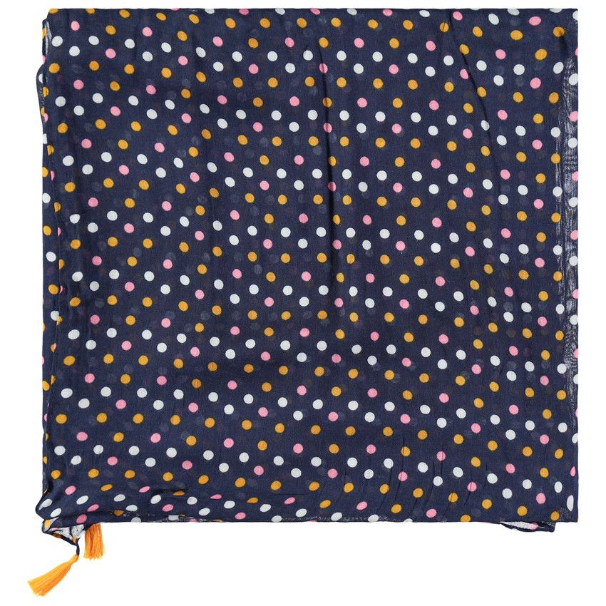 Chèche en voile de viscose à pois colorés et pompons - Bleu marine