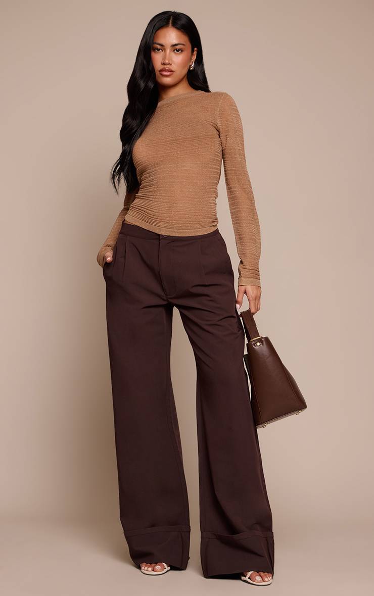 Dark Chocolate Pantalon Large Plissé Ajusté En Tissu Tissé