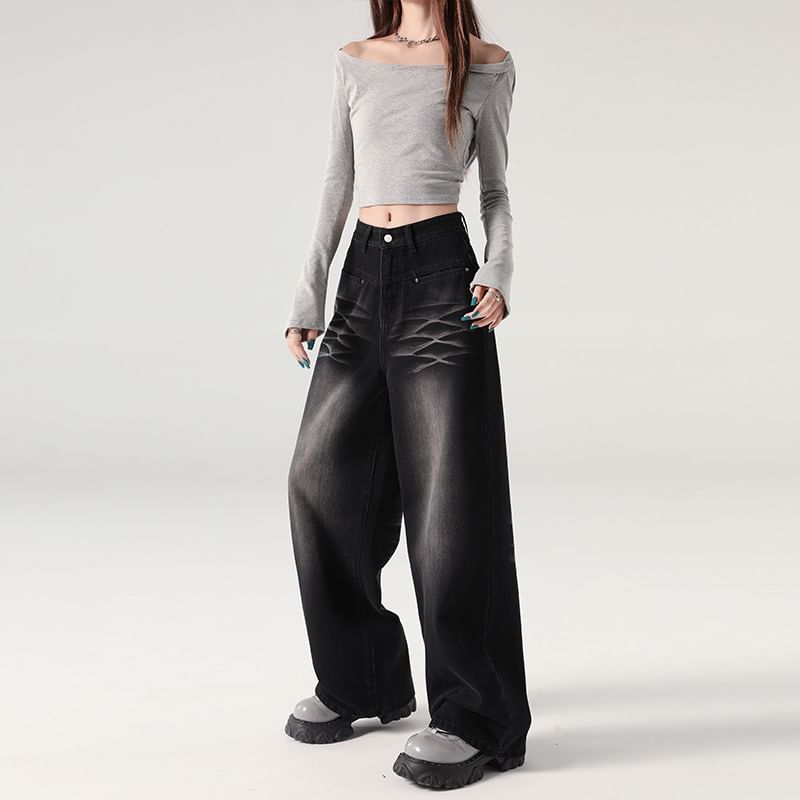 Denimot - High Waist Washed Wide Leg Jeans (diverse designs)