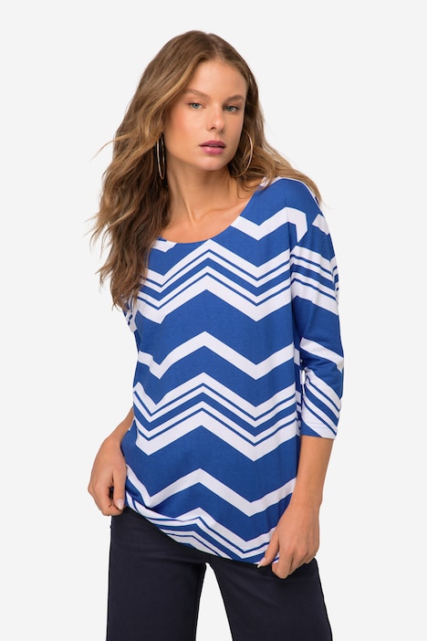 T-Shirt, oversized, Zacken Muster, U-Boot-Ausschnitt, 3/4-Ärmel