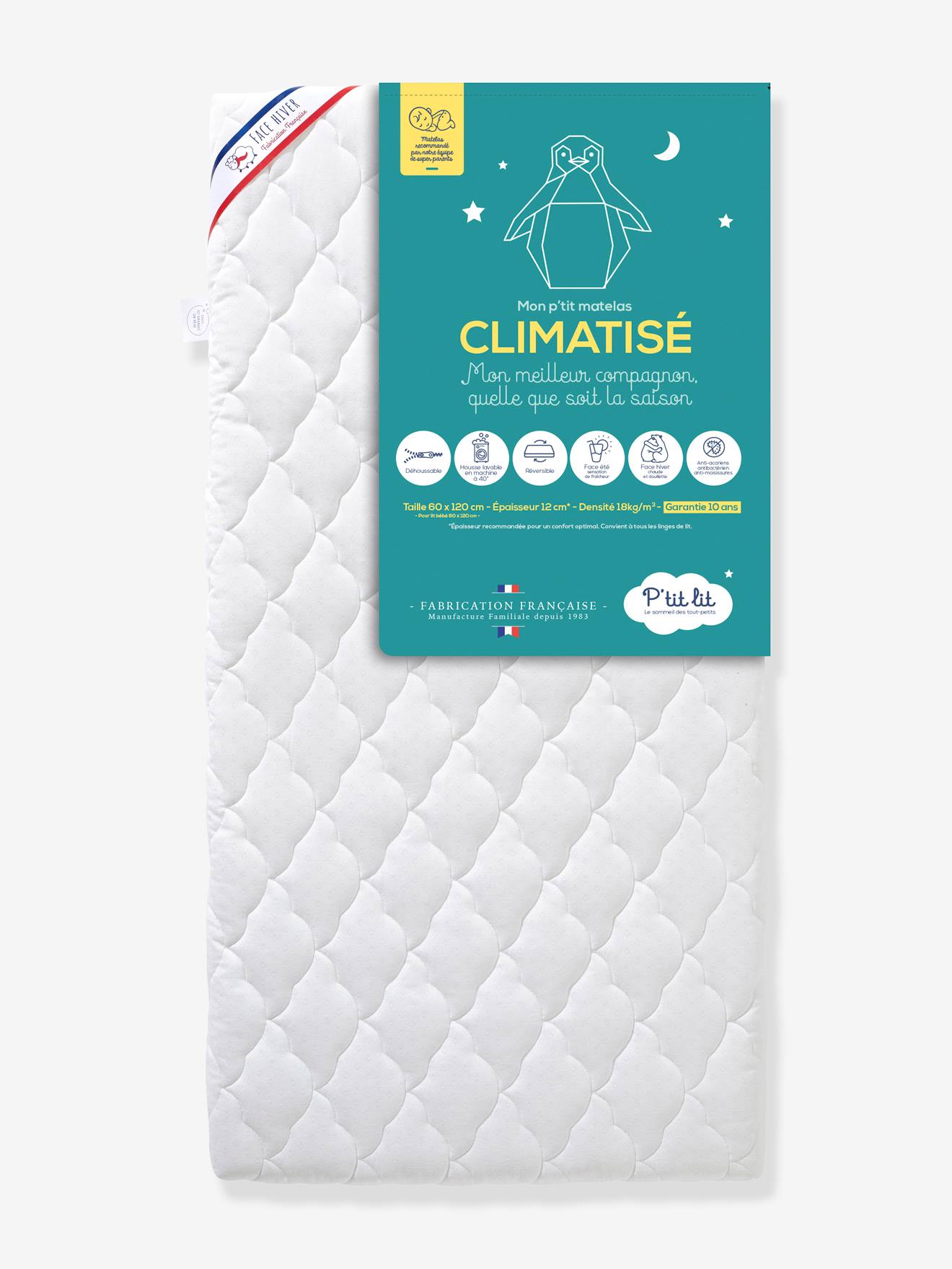 Meu pequeno colchão aquecido com capa removível 60x120 cm P'TIT LIT branco claro liso