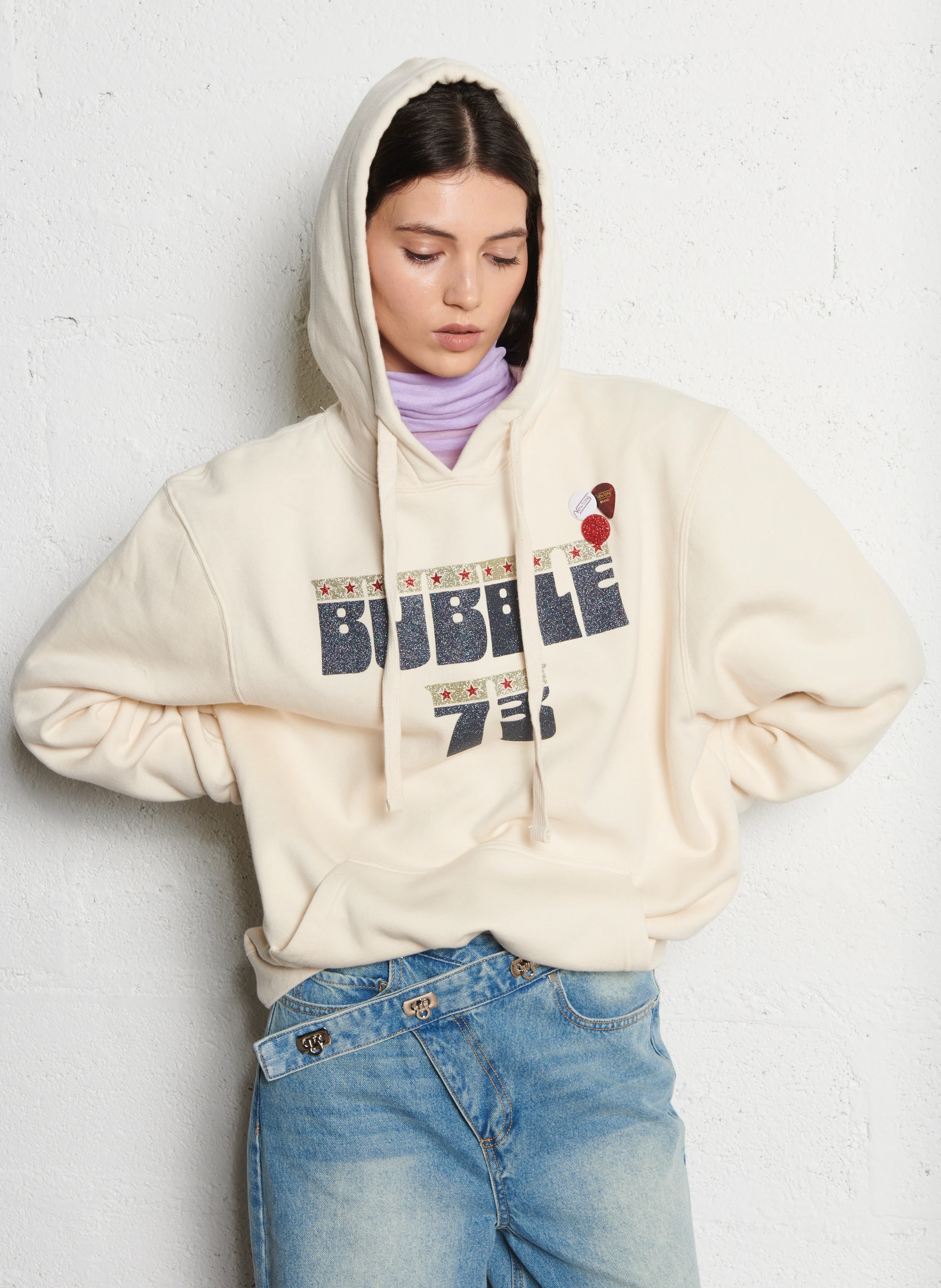 JAGGER BUBBLE - Sweat ample à capuche sérigraphié en coton mélangé | Beige