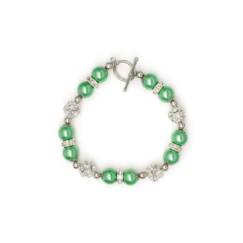 Bracelet 1 Rang en Perles Vertes, Cristal et Plaqué Rhodium
