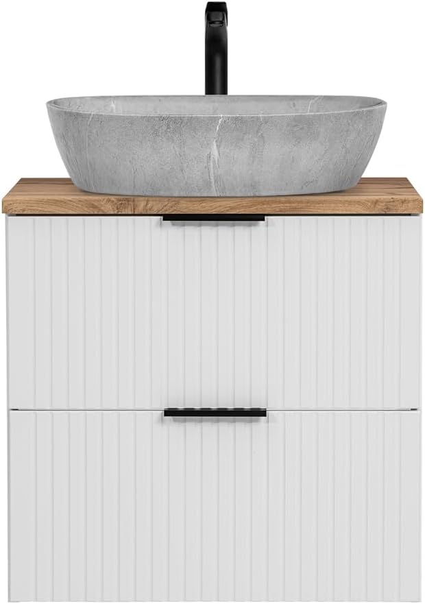 Lomadox Waschtisch 60cm mit Aufsatzbecken, weiß mit Eiche Nb., Front gerillt, Keramikwaschbecken Beton Optik hell