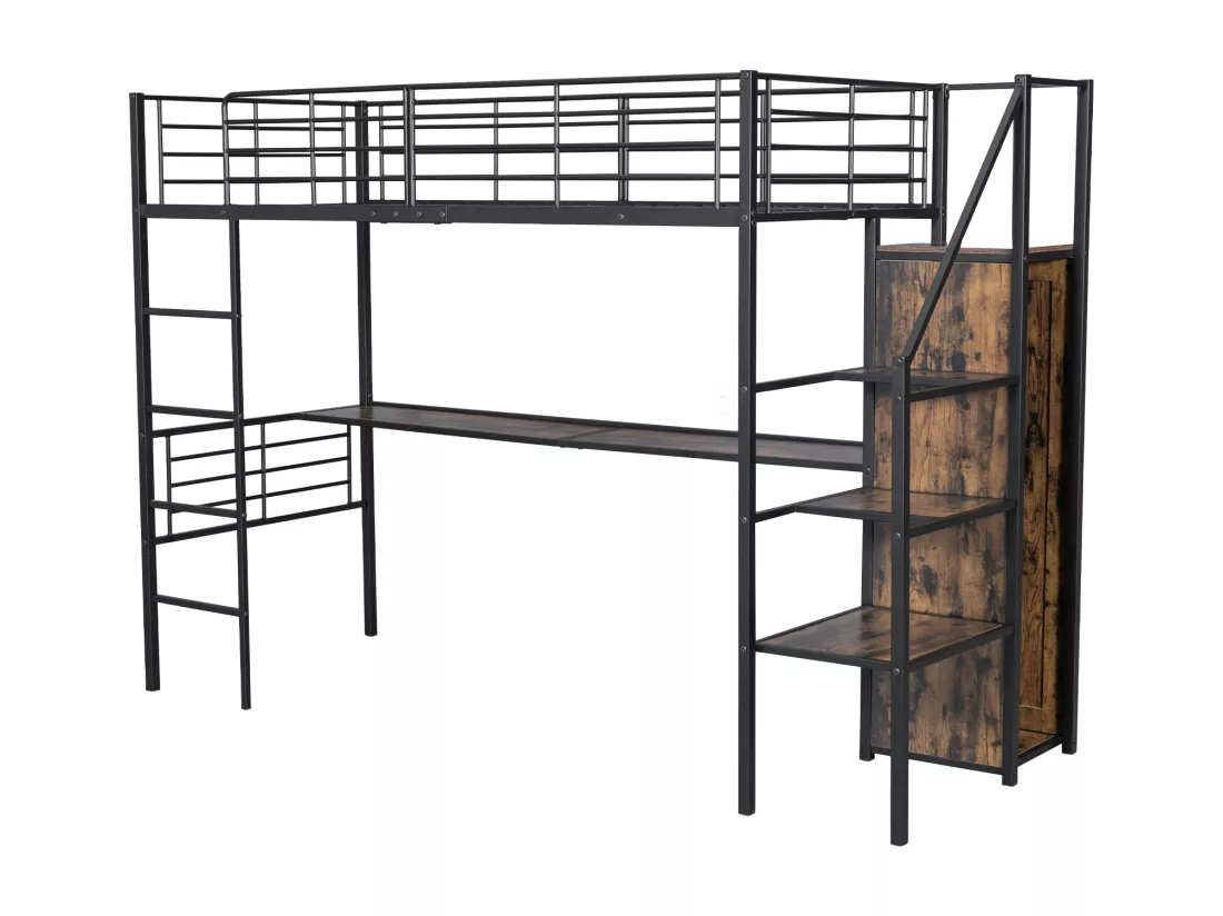 Lit simple mezzanine avec bureau effet bois, étagère et penderie 90*200cm (sans matelas) TIXON