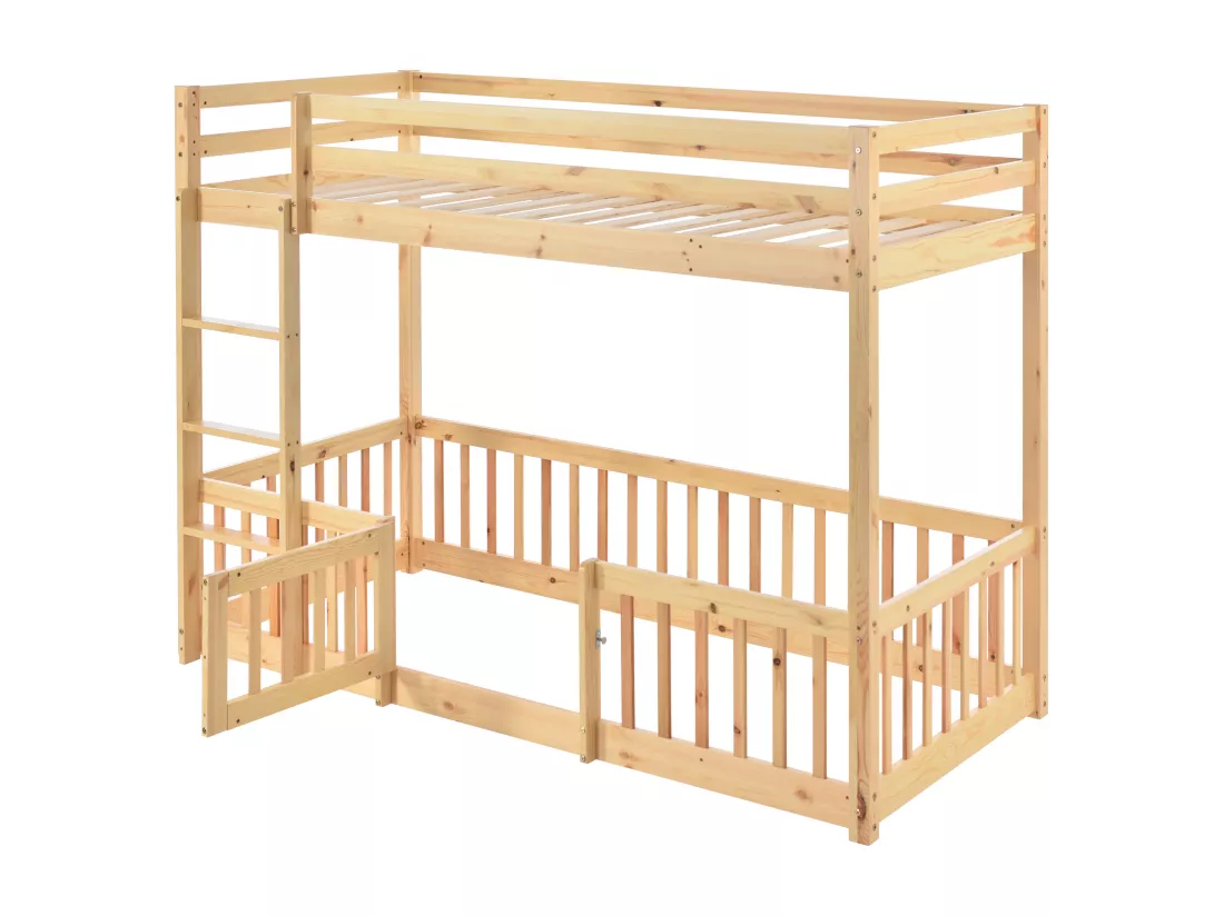 Lit superposé avec escalier rectangulaire, avec clôture et porte, protection contre les chutes et grille, bois massif (200x90cm)