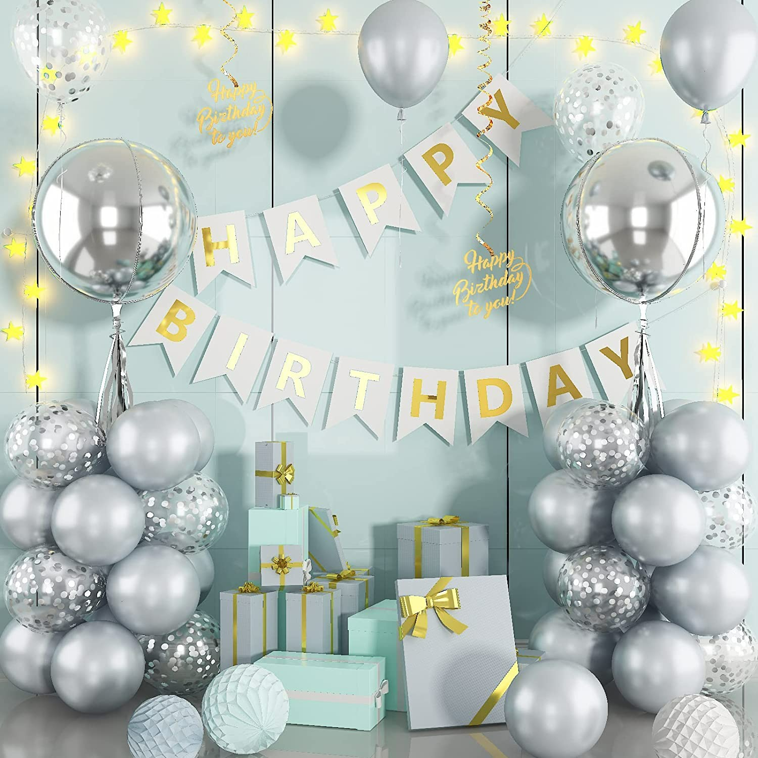 (54-tlg. Set) Party Ballons Latex- & Folien Luftballons mit Konfetti - Grau / Silber
