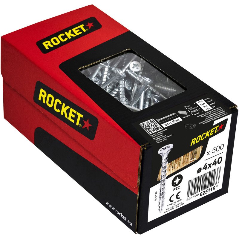 Vis à bois Rocket tête fraisée pozi acier zingué, filetage complet - Boîte de 500