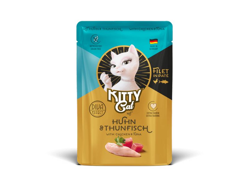 KITTY Cat Nassfutter Filét Paté Pouch Huhn, Thunfisch 85 g Alleinfuttermittel für ausgewachsene Katzen