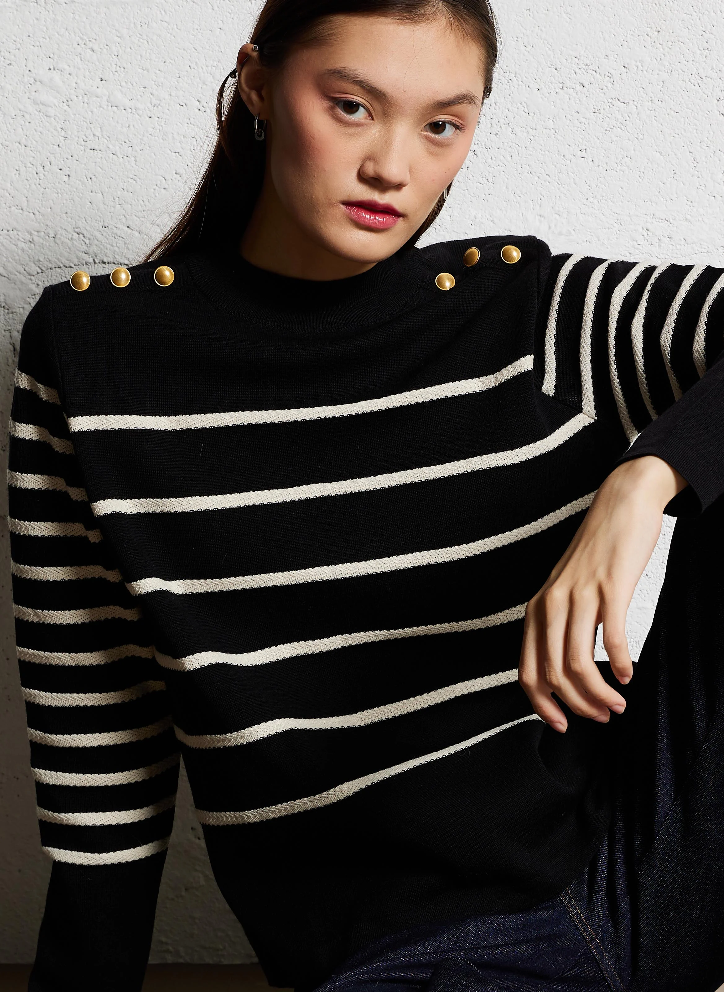 Pull col rond rayé en laine mélangé | Multicolore