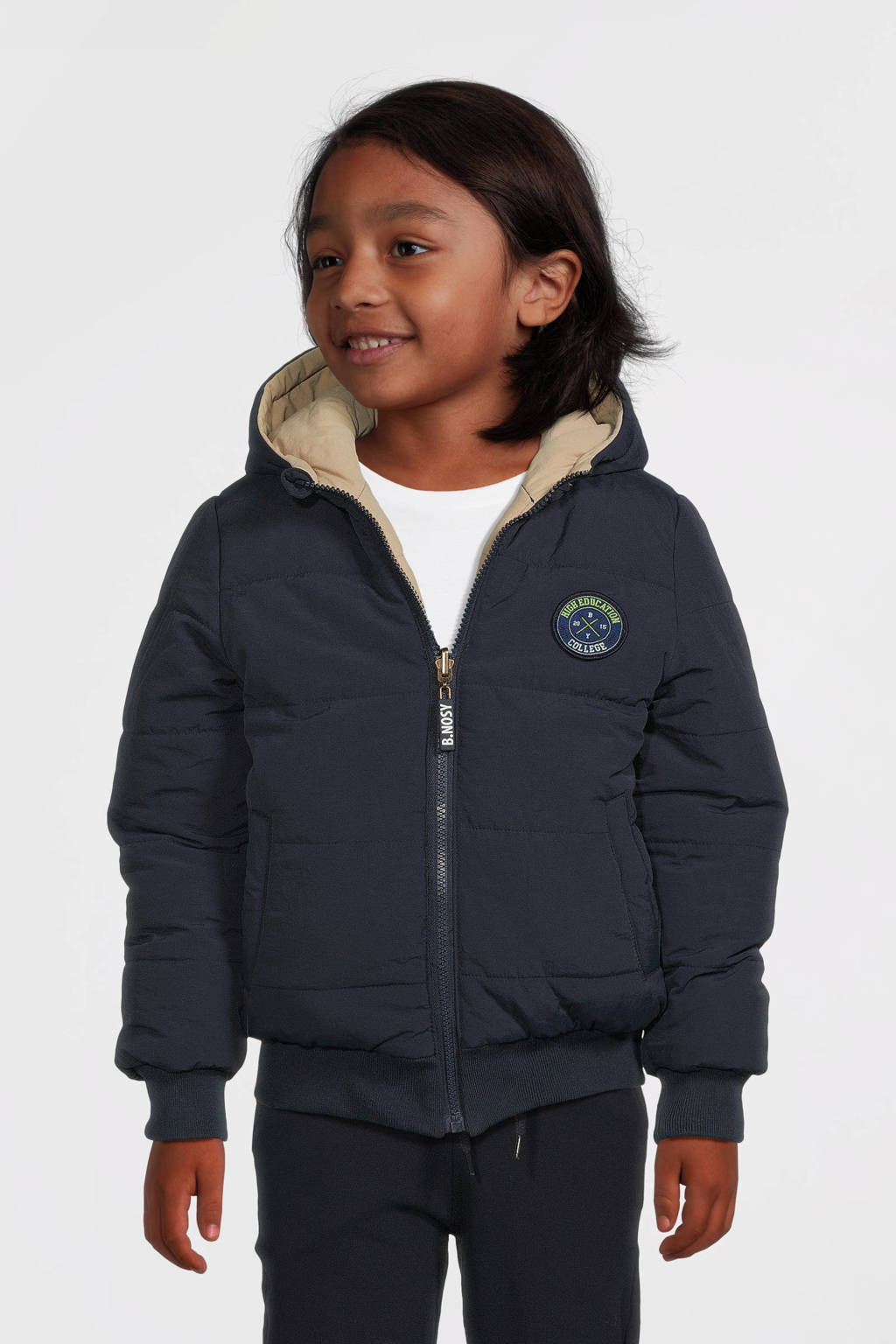 Mooie luxe winterjasreversible gewatteerde winterjas Joah donkerblauw/beige
