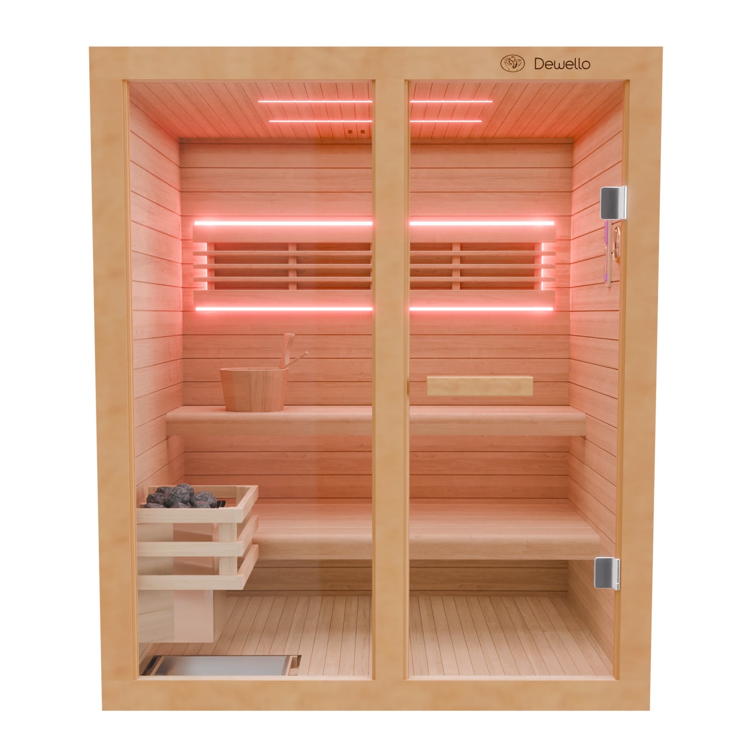 Dewello Finnische Sauna TOFINO 160x150 Kabine aus Hemlock Tannenholz mit,4,5 kW Harvia Ofen, inkl Sauna Set