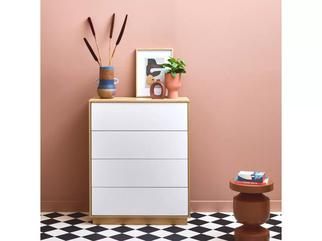 Commode de rangement 4 tiroirs effet bois bicolore