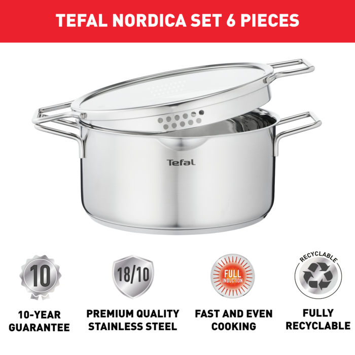 Nordica set 6 pièces casserole 16cm + faitouts 20/24cm + 3 couvercles