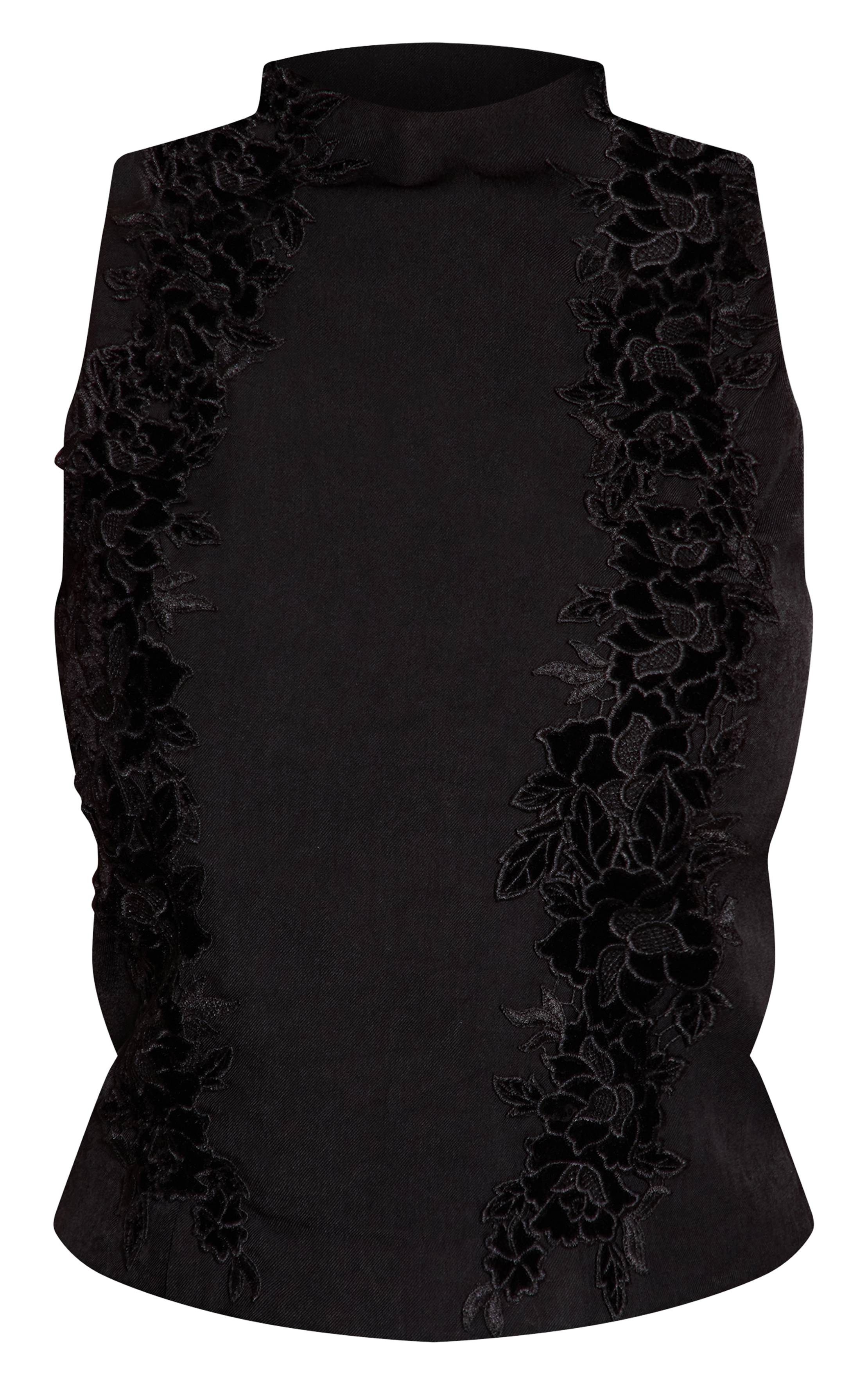 Noir Haut Col Montant En Velours Fleuri Tissé