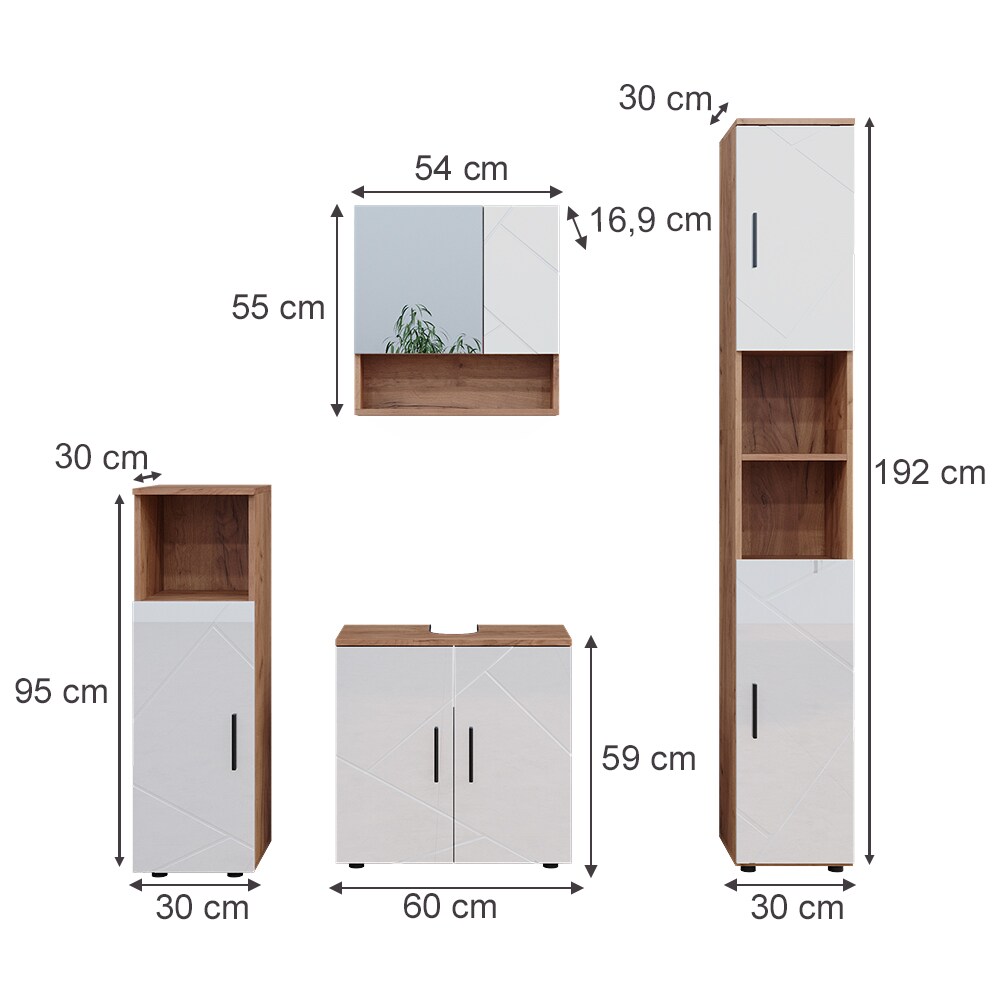 Vicco Badmöbelset Irma Eiche Weiß Hochglanz modern Badezimmerschrank Badschrank Badezimmermöbel Waschtischunterschrank Spiegelschrank Hochschrank Midischrank Schranktür Schrankfach