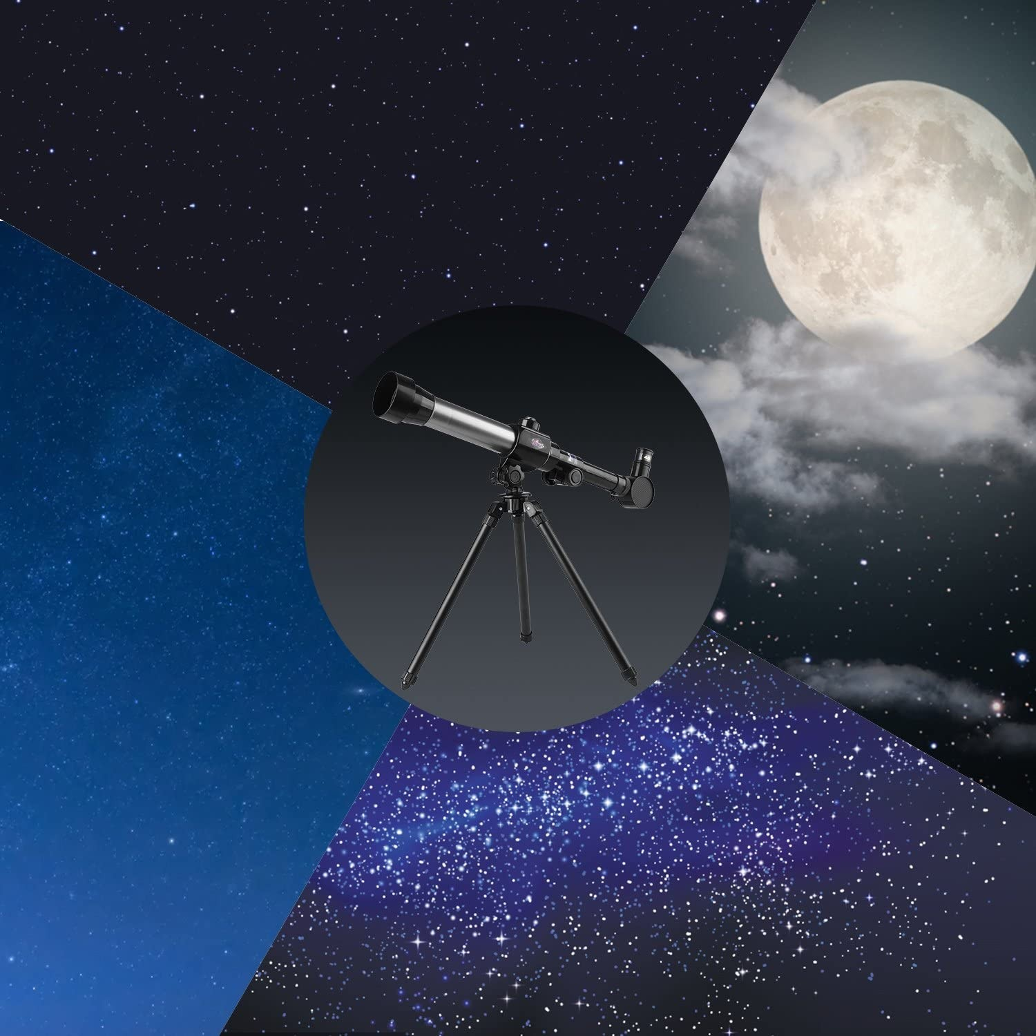 (5-tlg. Set) Kinder Teleskop mit Stativ 20x/30x/40x Vergrösserung Astronomisches Fernglas - Schwarz / Silber