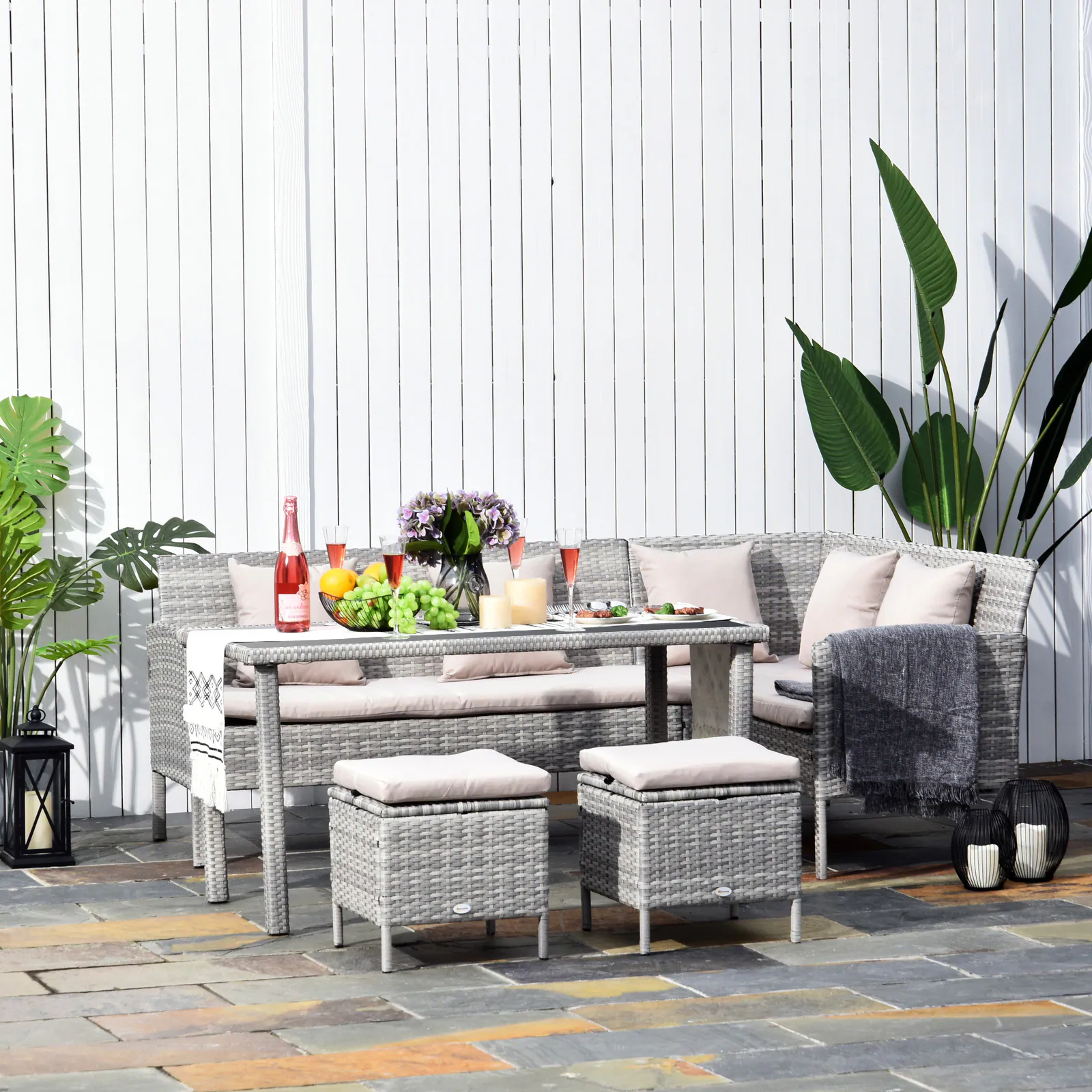 Outsunny Rattan Sitzgruppe mit Tisch grau, cremeweiß
