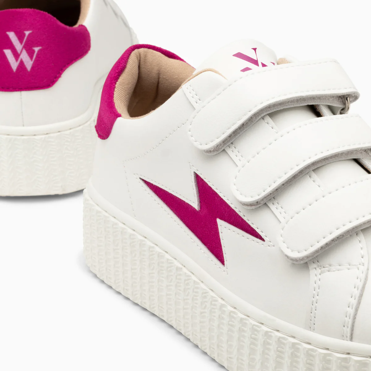 Sneakers-Baskets éclair Vicky blanc et fuchsia à scratchs