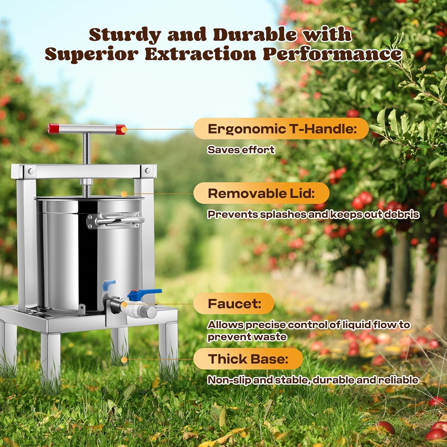 Moongiantgo 10L Manuelle Honigpresse Extraktor, Obst- Und Weinpresse Aus Edelstahl Mit T-Förmigem Griff, Vollständig Geschlossen, Mehrfache Filtration, Abnehmbar Für Honig, Saft, Wein, Cider (10L)