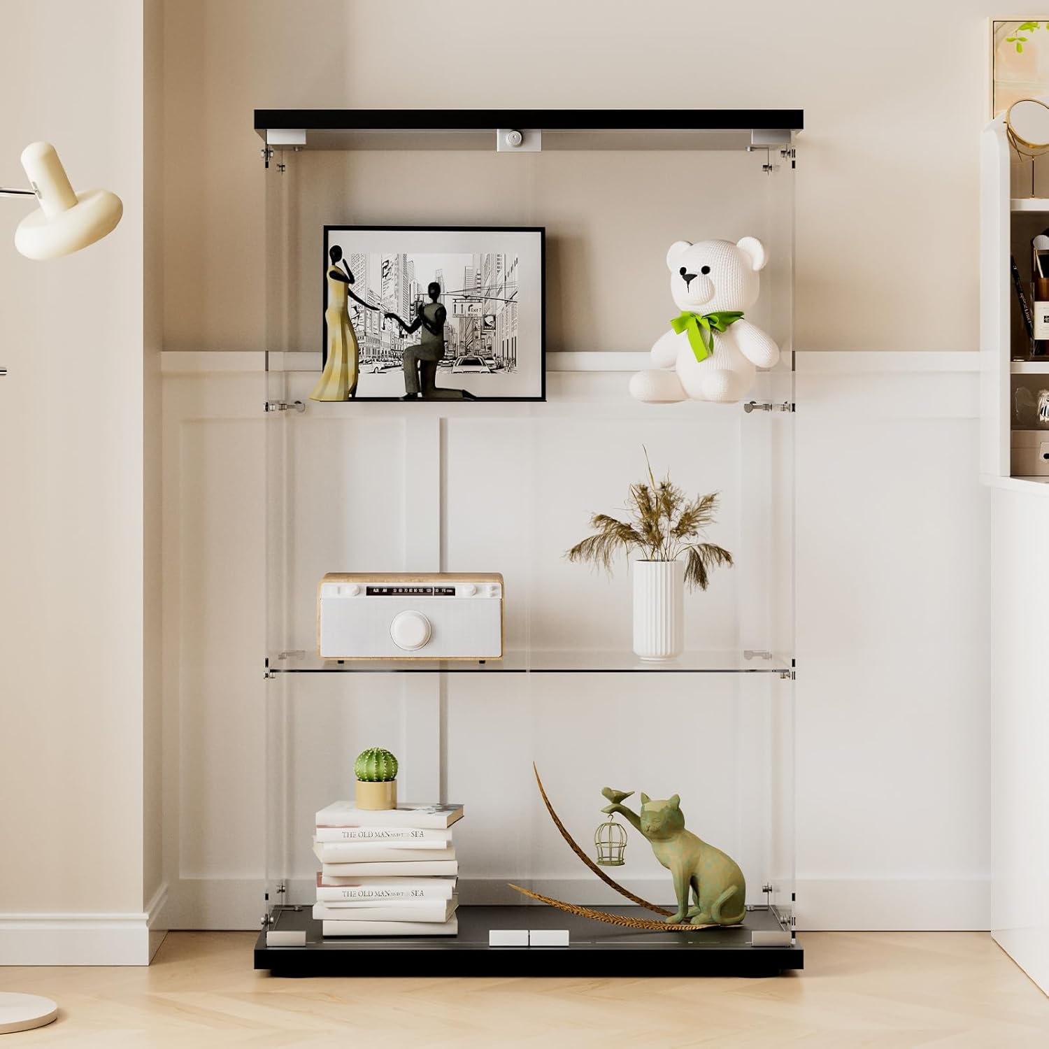 Glasvitrine Standvitrine in Schwarz, 125x79x36.5CM Modern Glas Vitrine Vitrinenschrank mit 3 Böden aus ESG für Sammlerstücke Bücher Wein