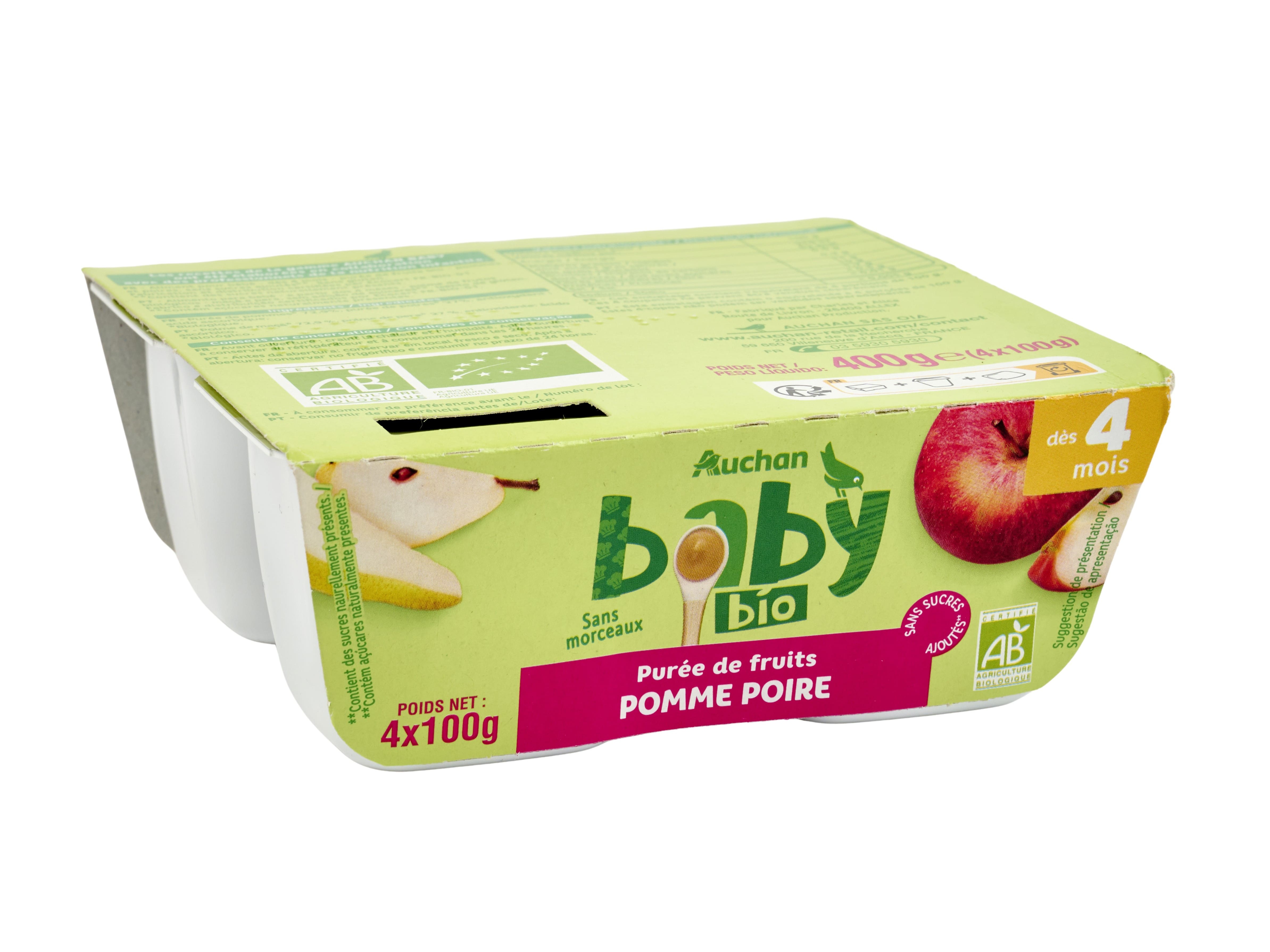 TACINHA FRUTA AUCHAN BABY BIO MAÇÃ E PERA SEM GLÚTEN 4X100G