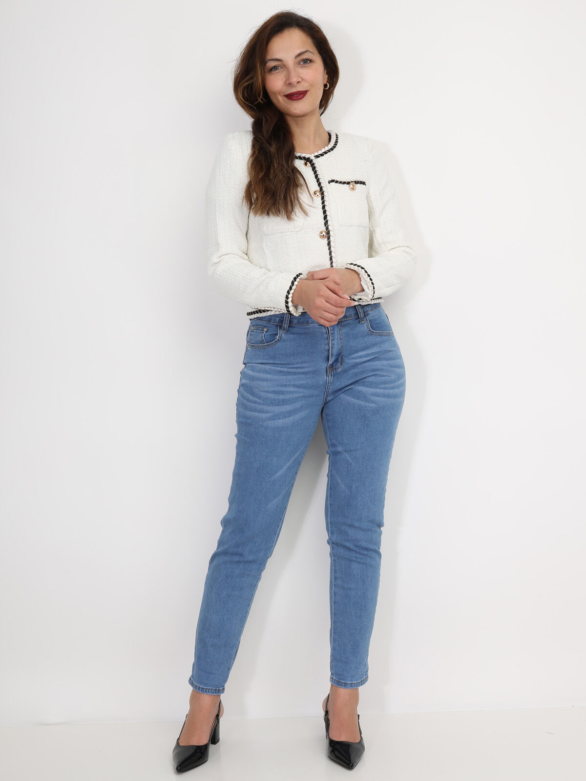 Veste en tweed à boutons et liserés torsadés- Blanc