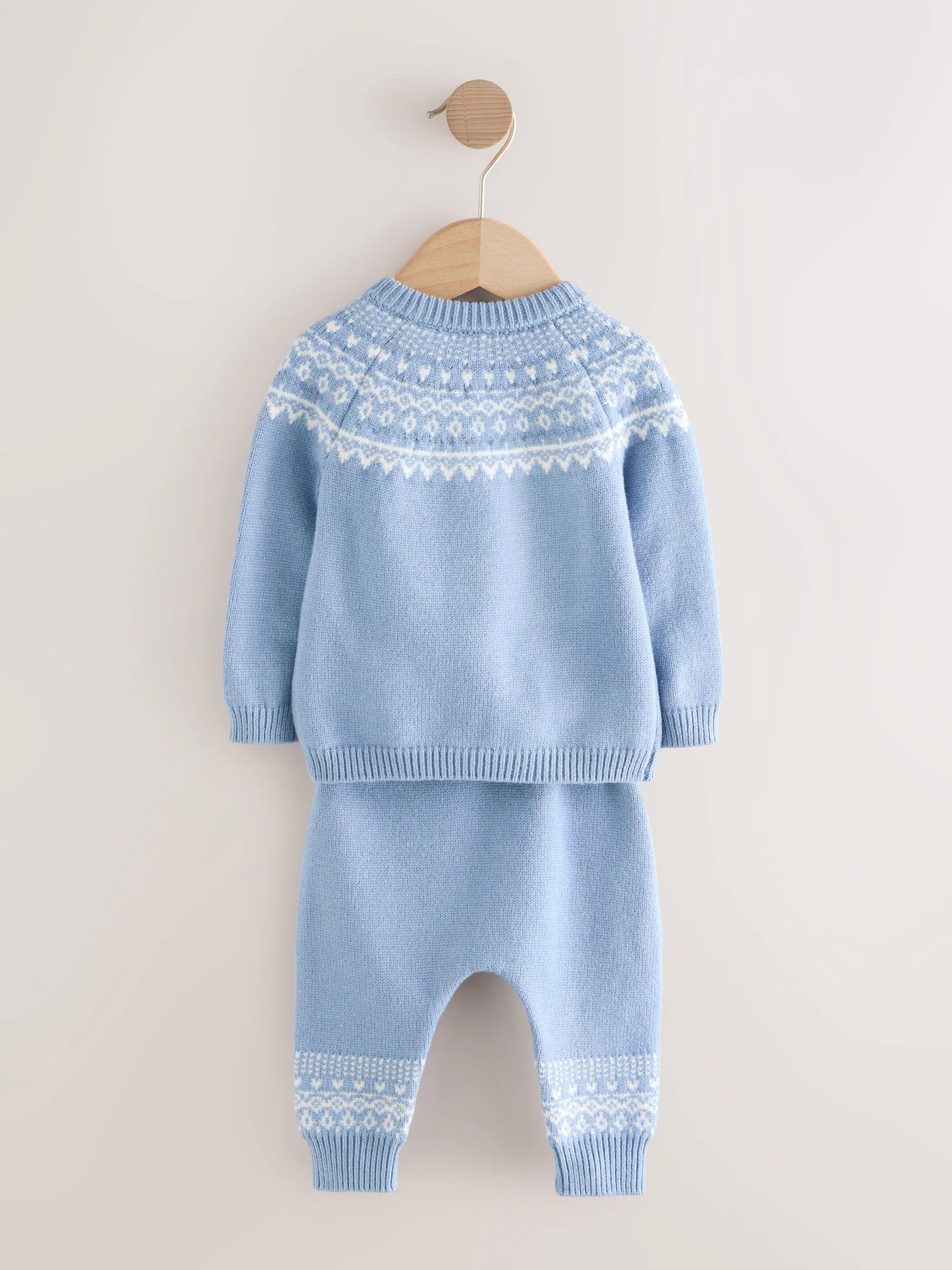 Blauw met fairislemotief - Babyset van gebreide top en legging (0mnd-2jr)