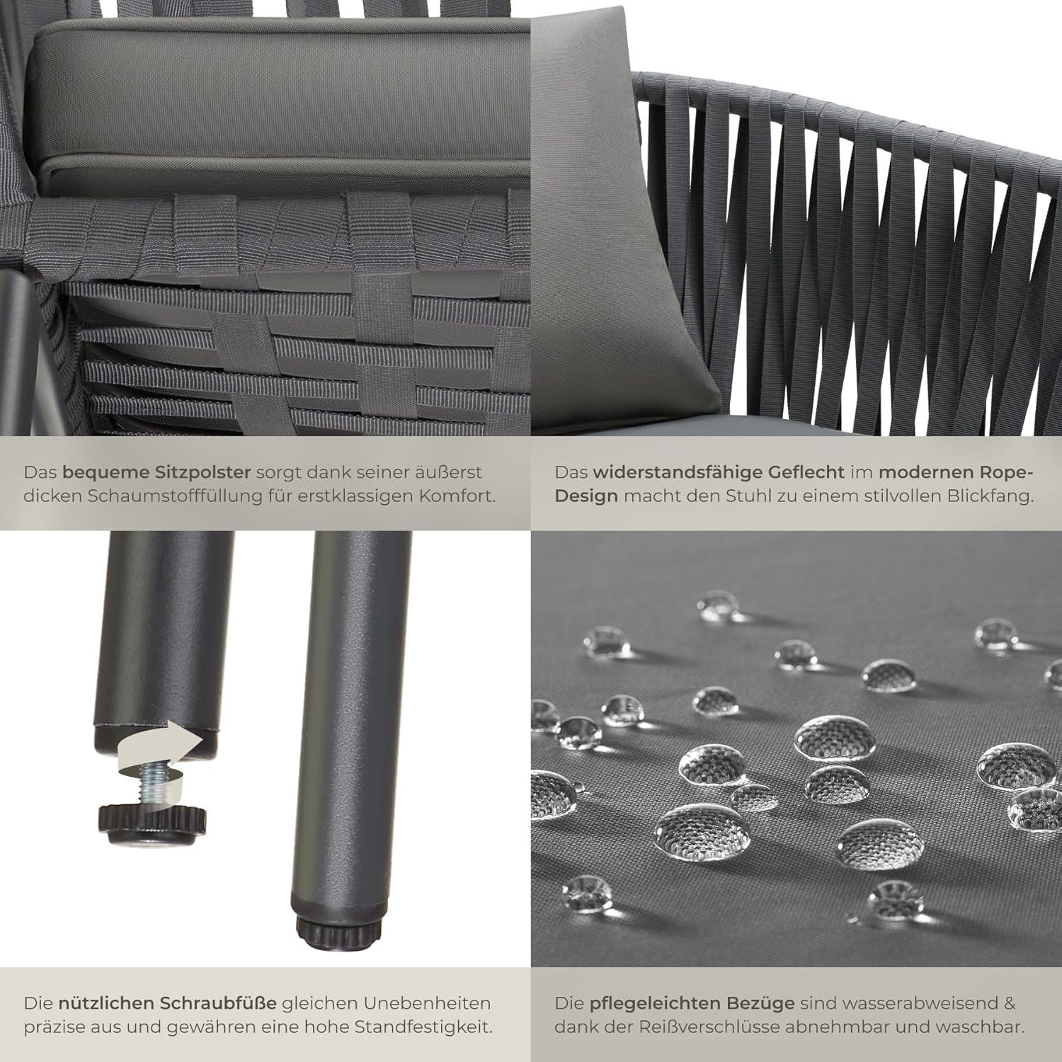 tectake® Gartenstühle Set, Geflecht-Stuhl, Gartenstuhl Rope, Stühle Outdoor, Balkon Sessel, Terrassenmöbel mit Sitzpolster und Kissen für Garten, als Terrassenstuhl, Gartensessel - 2er Set