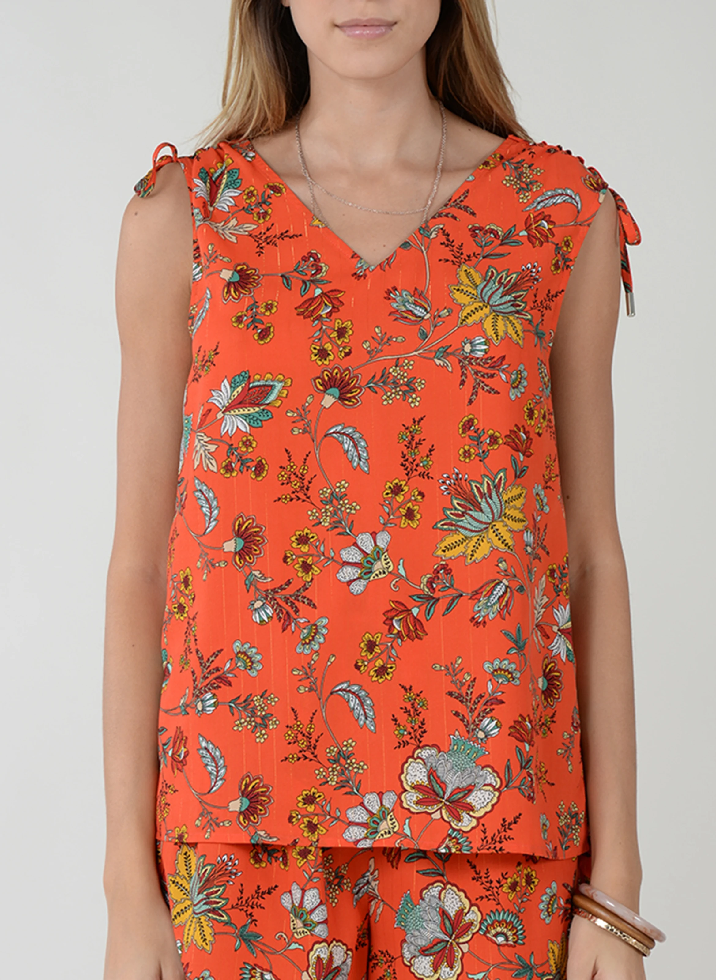 Top col V imprimé floral | Orange
