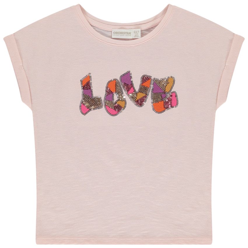 T-shirt manches courtes motif Love à sequins pour fille - Rose