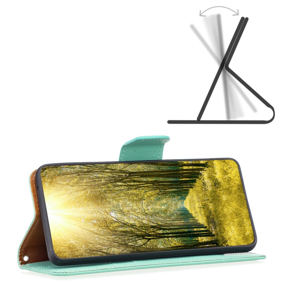 iPhone 14 Pro Leder Tasche Flip Cover im Litchi Look mit Kartenfach   Handschlaufe - Türkis