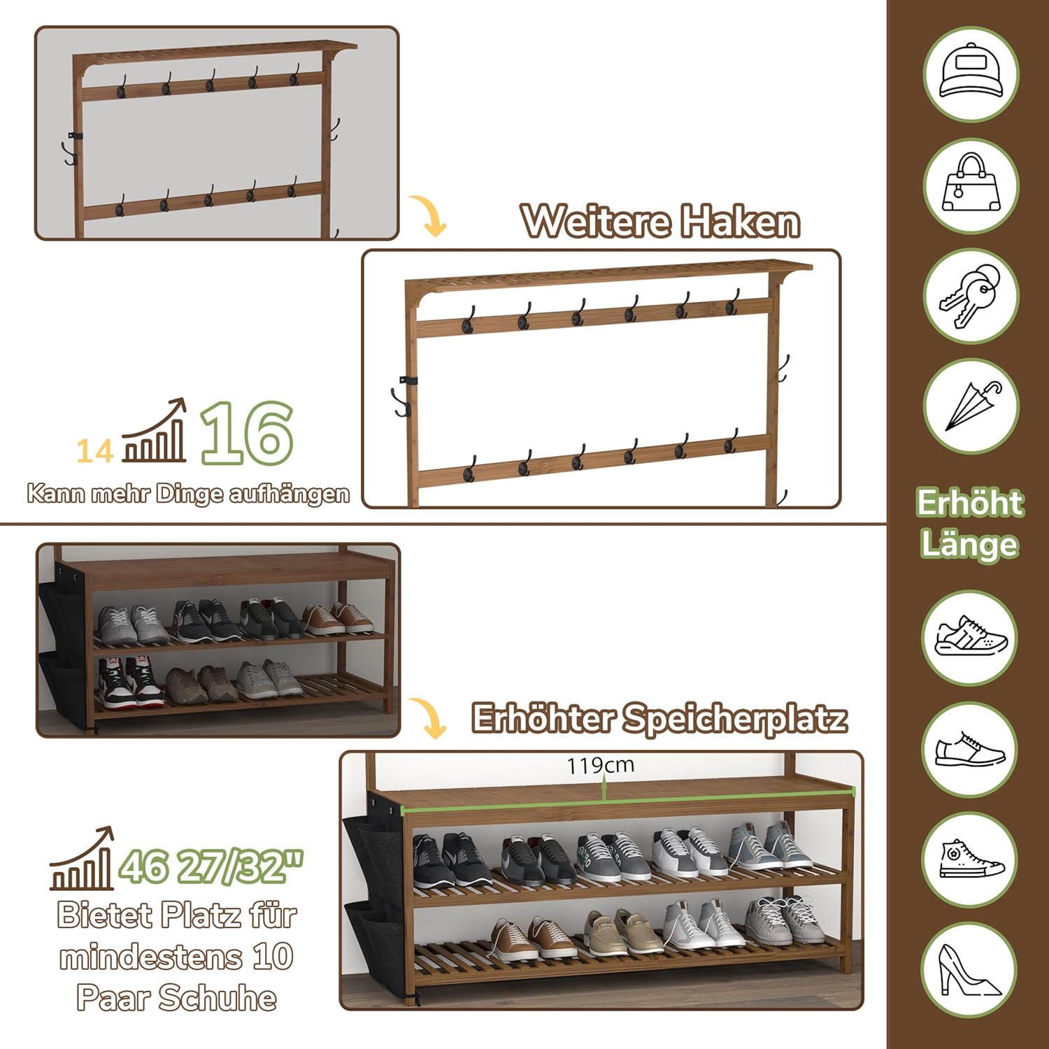 AMBIRD Garderobe aus Bambus Flurbaum mit Schuhbank und Regalen 6-in-1 Garderoben-Ständer mit Aufbewahrungstaschen und 14 Haken | Großformatige Maße in Braun, 119x40x180 cm