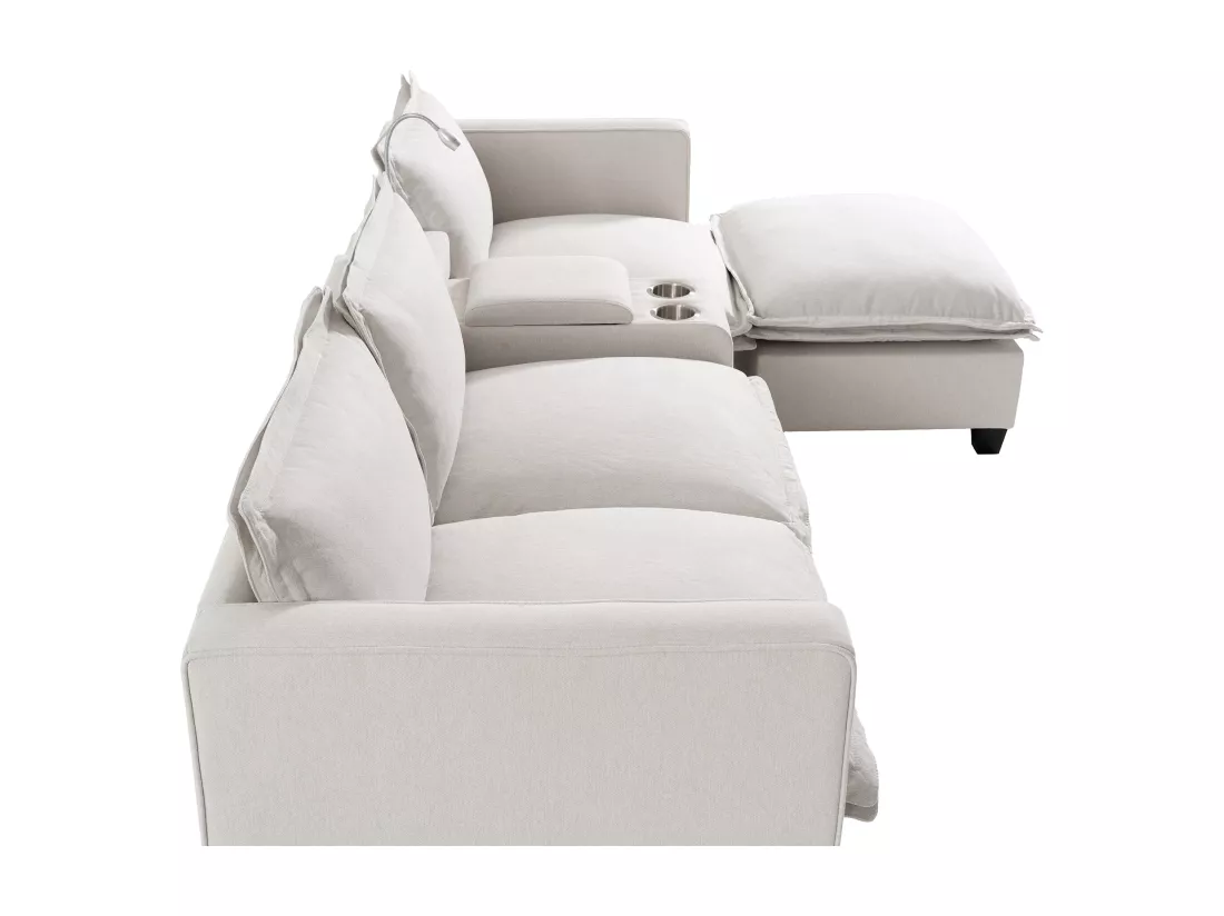 Canapé 3 places en chenille - avec USB et liseuse - avec porte-gobelet et avec repose-pieds - Beige