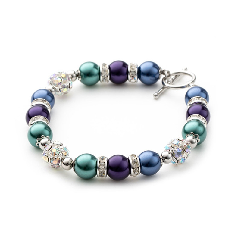 Bracelet 1 Rang en Perles Bleu et Violet, Cristal et Plaqué Rhodium
