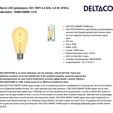 Deltaco Smart Filament LED-pære E27 - hvid