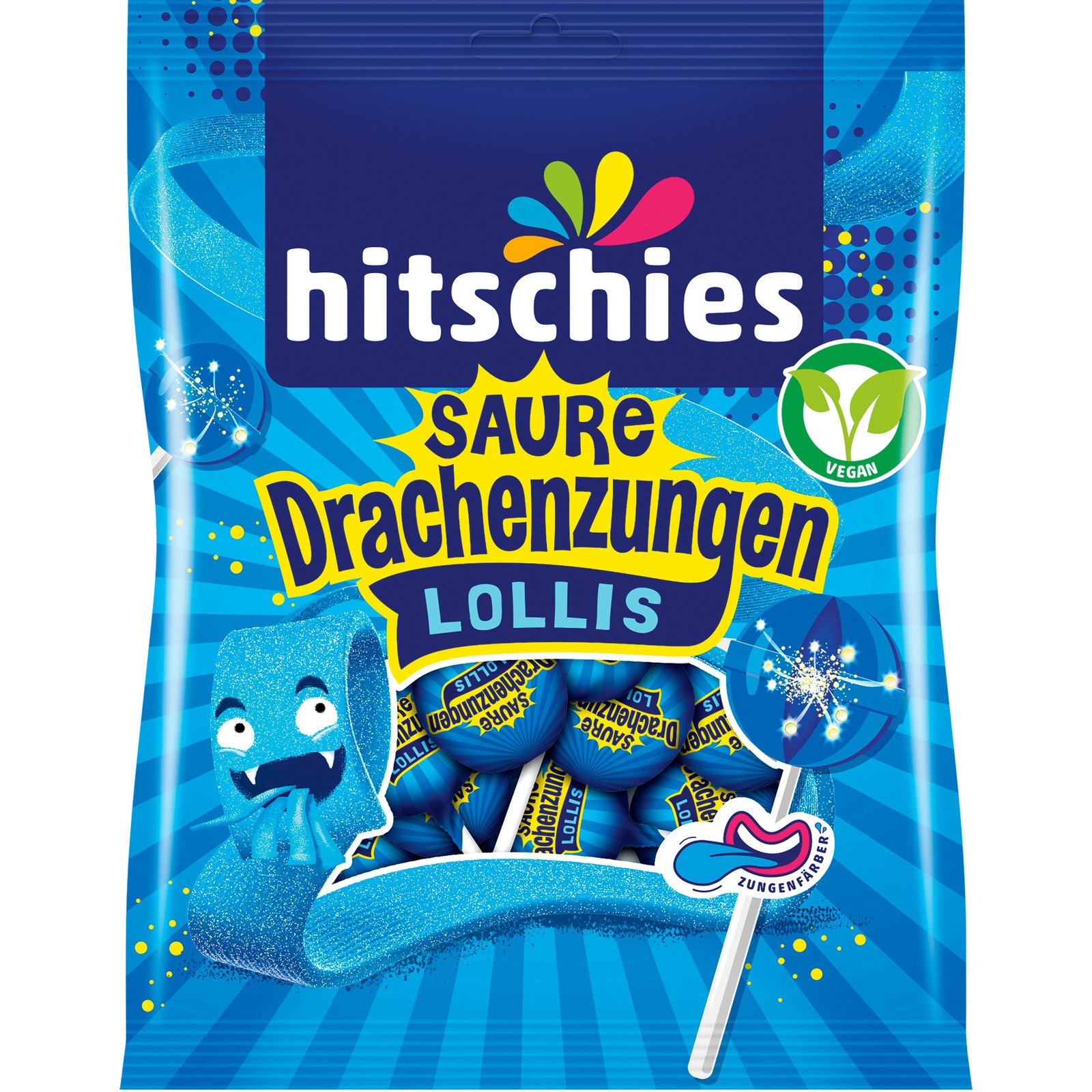 Hitschies blaue Drachenzungen Lollis sauer 125 g