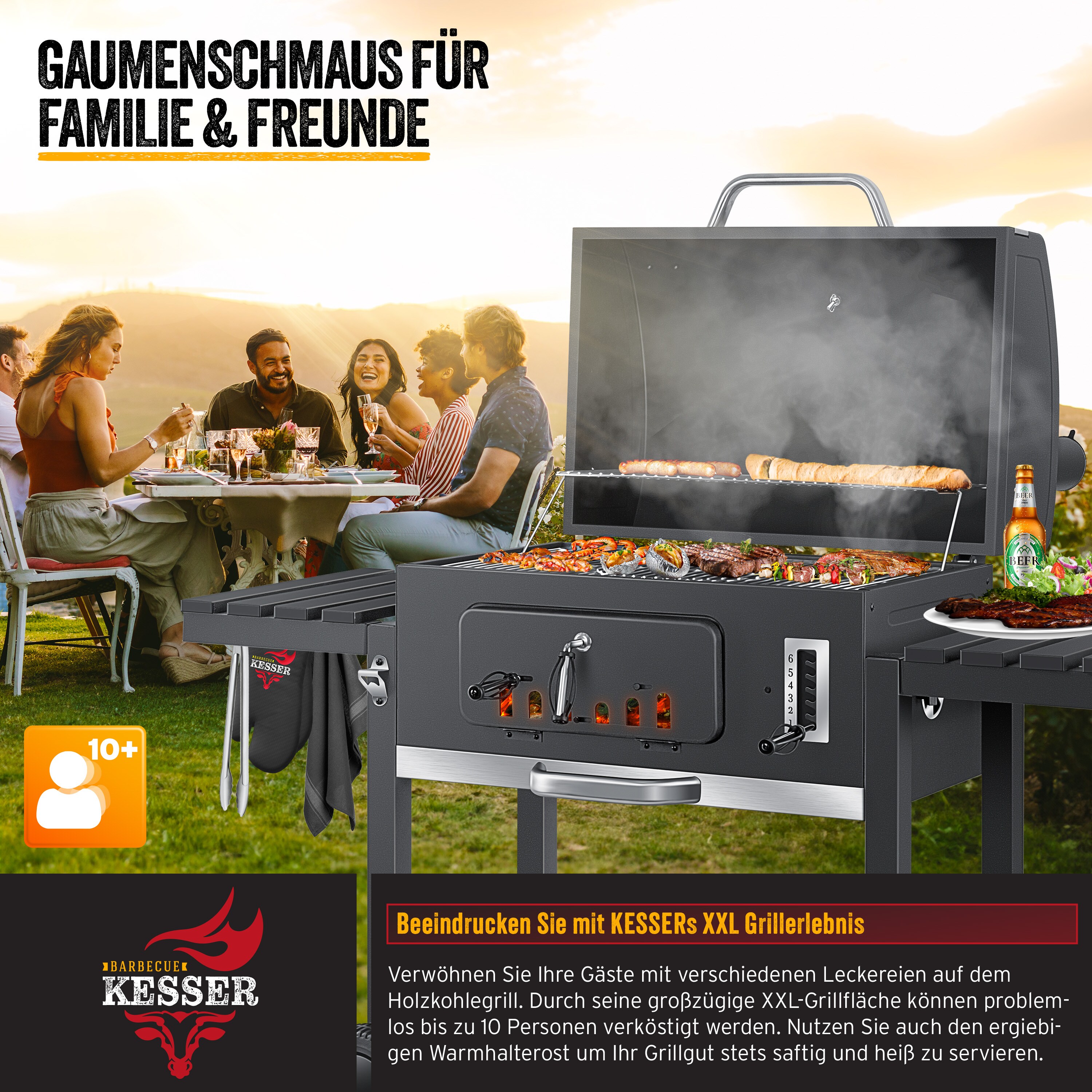 KESSER® Grill Grillwagen XXL Holzkohlegrill mit Deckel, Rädern, Edelstahl-Griff, Grillrost und Thermometer Holzkohle kohlegrill Wagen groß Kohle BBQ Barbeque Camping, Terrasse, Garten