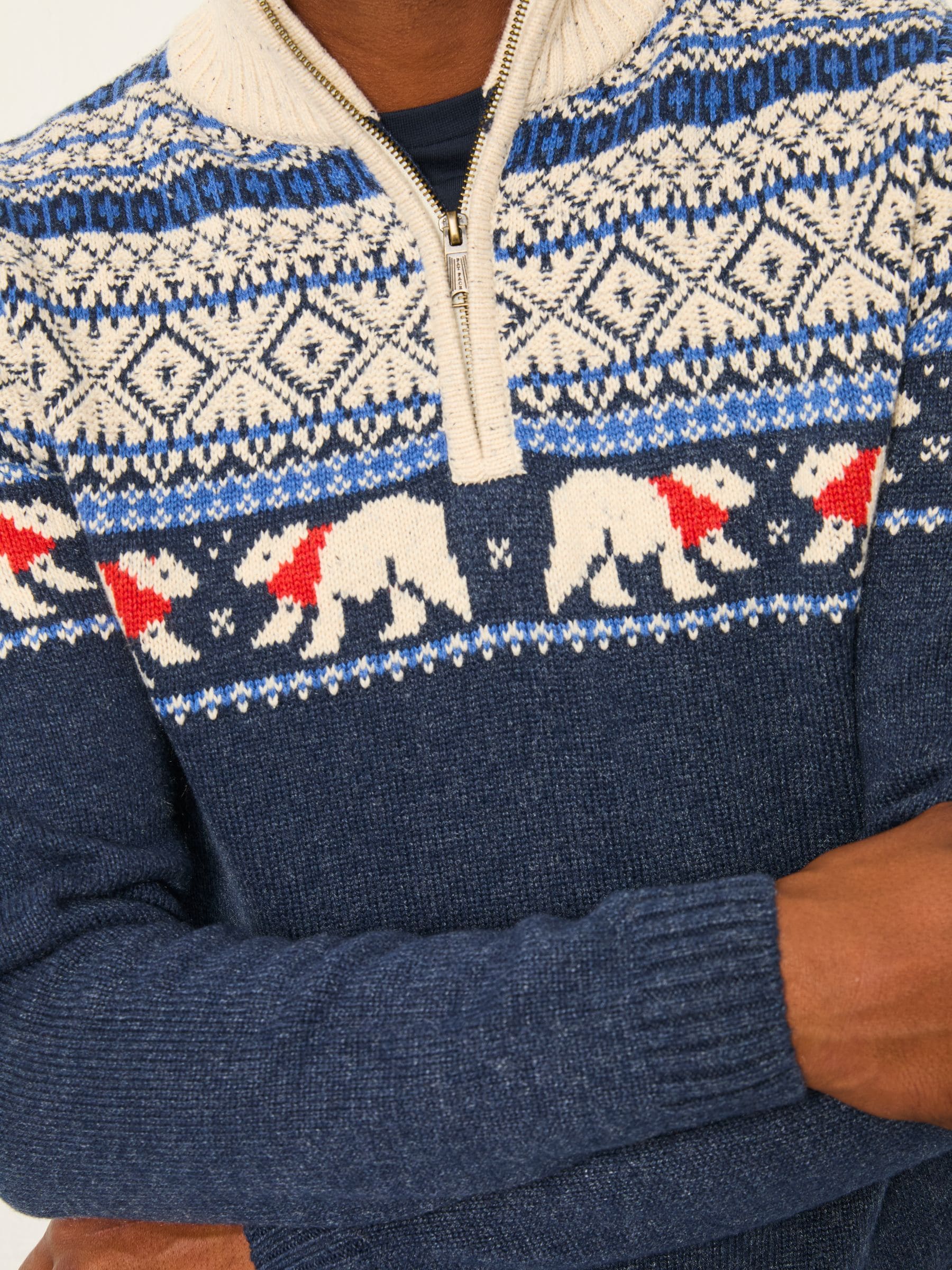 FatFace Polar Bear Knitted Fairisle Half Zip Neck Jumper