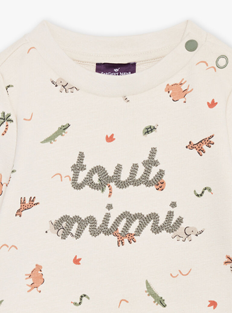 Sweat beige en molleton à imprimé animaux