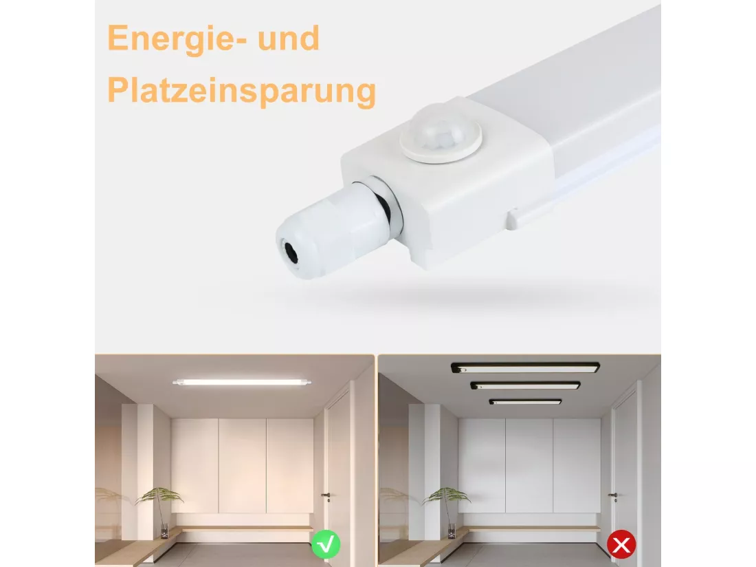 NETTLIFE Luminaire LED étanche à l'humidité 120CM avec détecteur de mouvement 36W IP65 blanc neutre 4000K