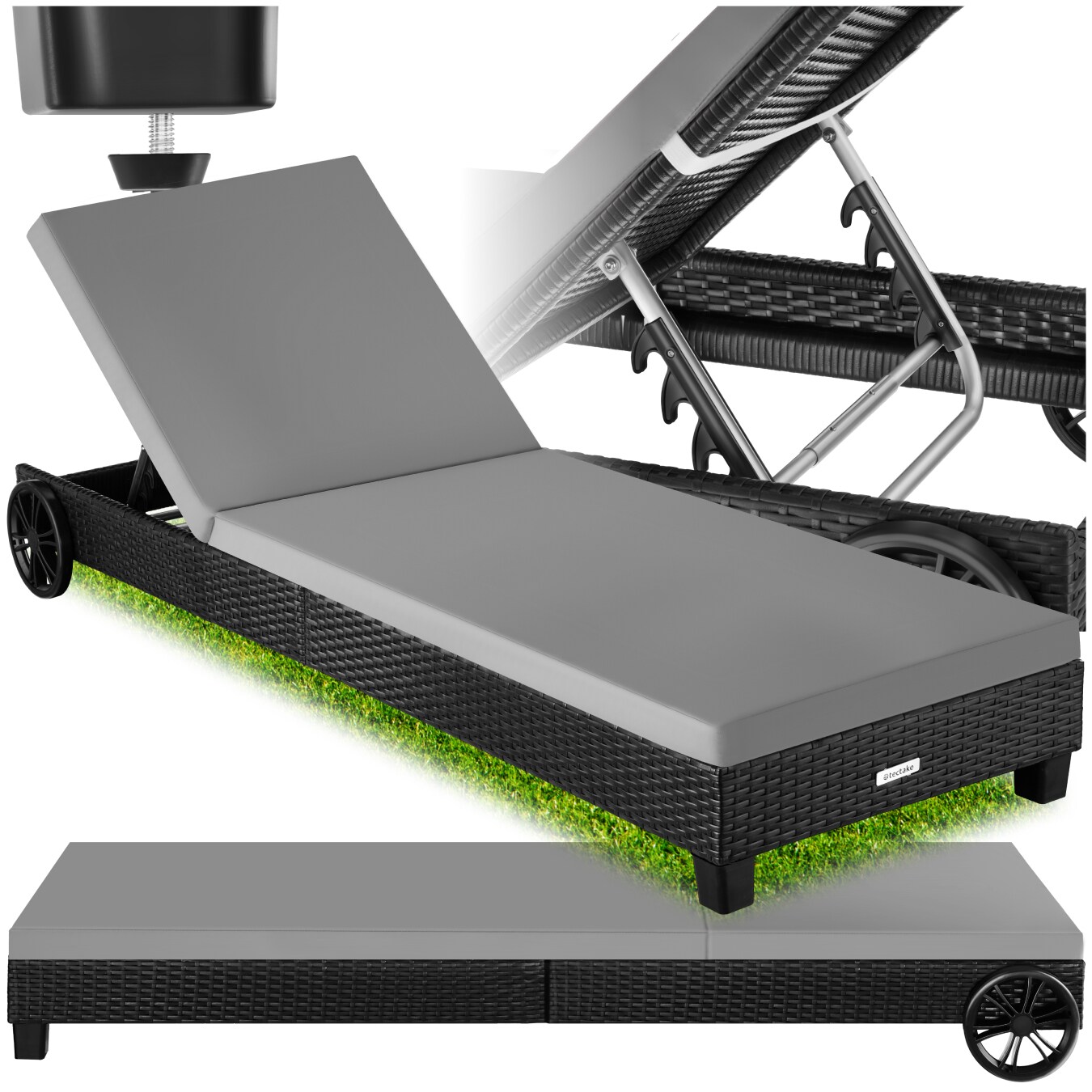 tectake® Rattan Sonnenliege, mit Aluminiumgestell, 5-fach verstellbare Rückenlehne, Belastbarkeit 150 kg, 66 x 185 x 24,5 cm
