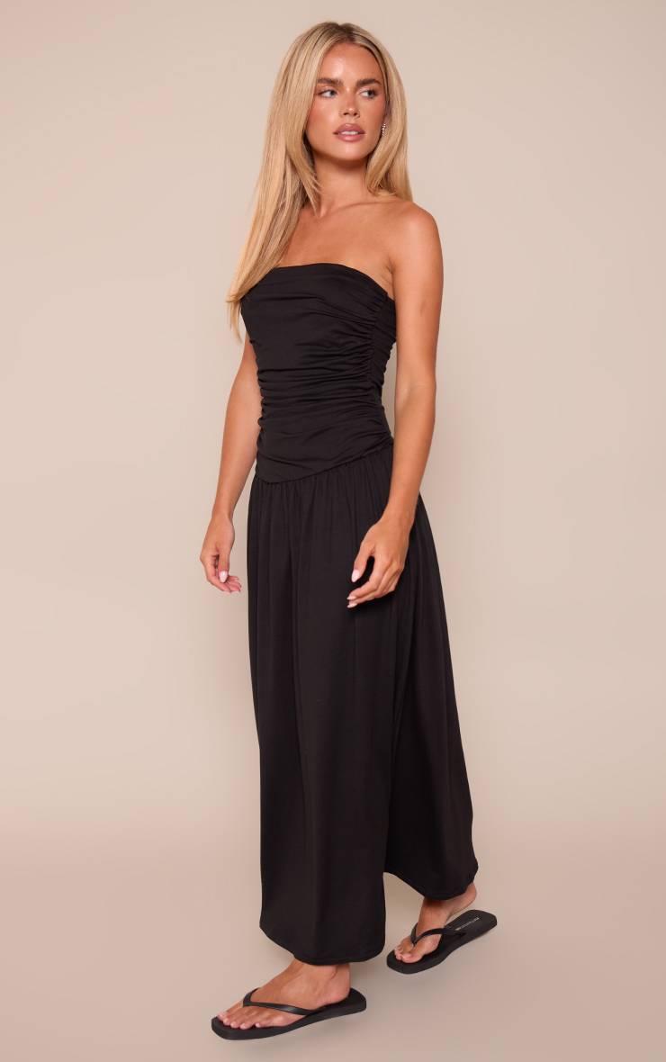 Noir Robe Maxi Bustier À Taille Basse Froncée Et Ourlet Plissé Petite