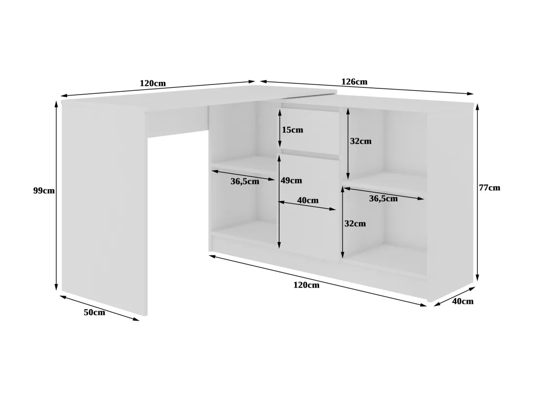 Ensemble d'angle AKORD bureau B17 avec commode Blanc 120 cm 1 porte 1 tiroir façade Blanche 6 étagères 120x126x79 cm