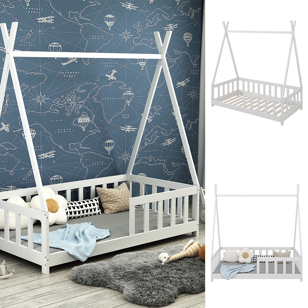 Vitalispa Kinderbett Tipibett Einzelbett Susanna Weiß 160 x 80 cm modern Kinderzimmer Bett Lattenrost Rausfallschutz