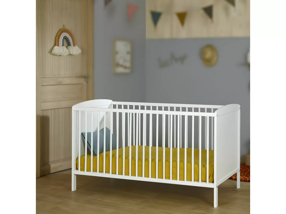 Lit bébé à barreaux 70x140 cm bois massif blanc FLOCON