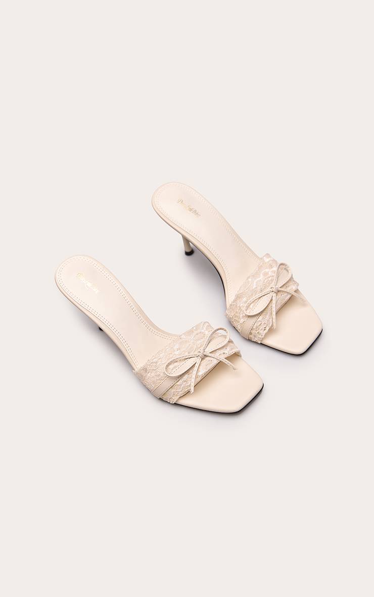 Crème Mules À Talons En Dentelle Froncée Avec Nœud