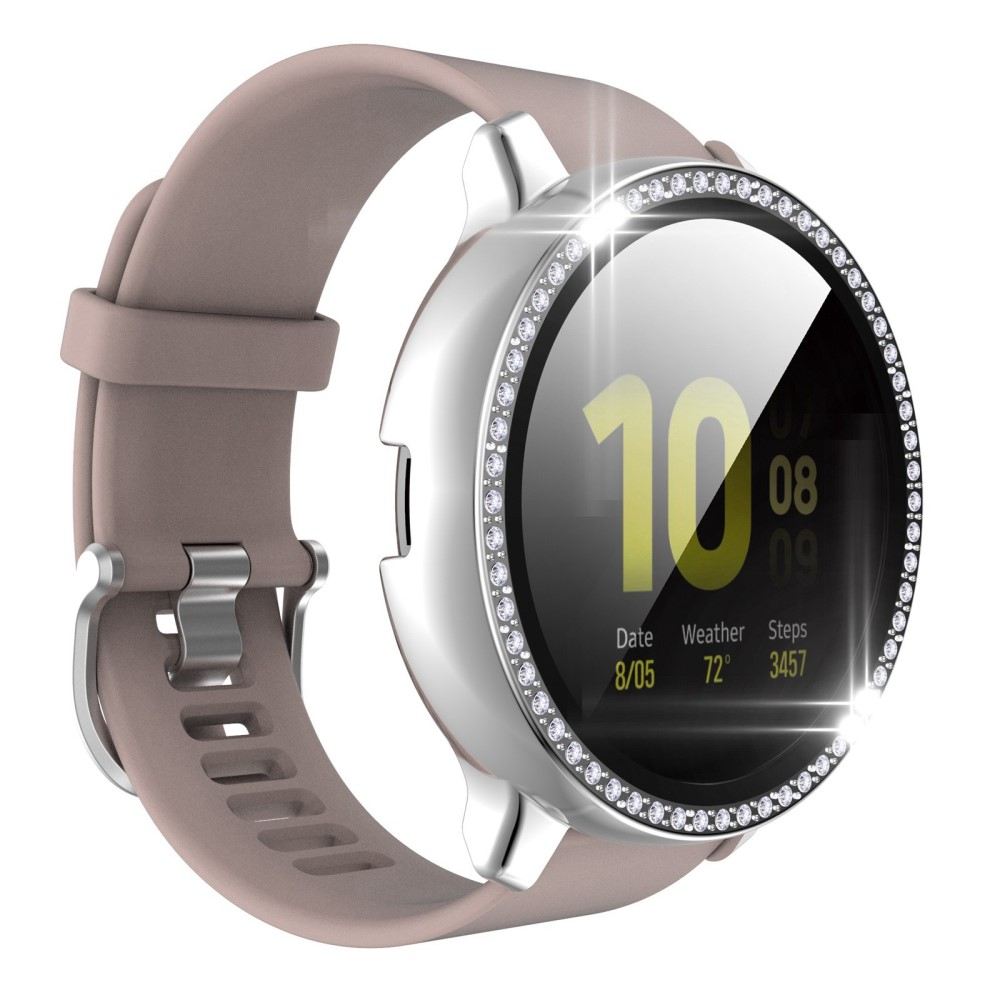 Samsung Galaxy Watch Active 2 (40mm) Galvanisierte Glitzer Strass Bumper Hülle   Display Schutzglas - Weiss / Silber