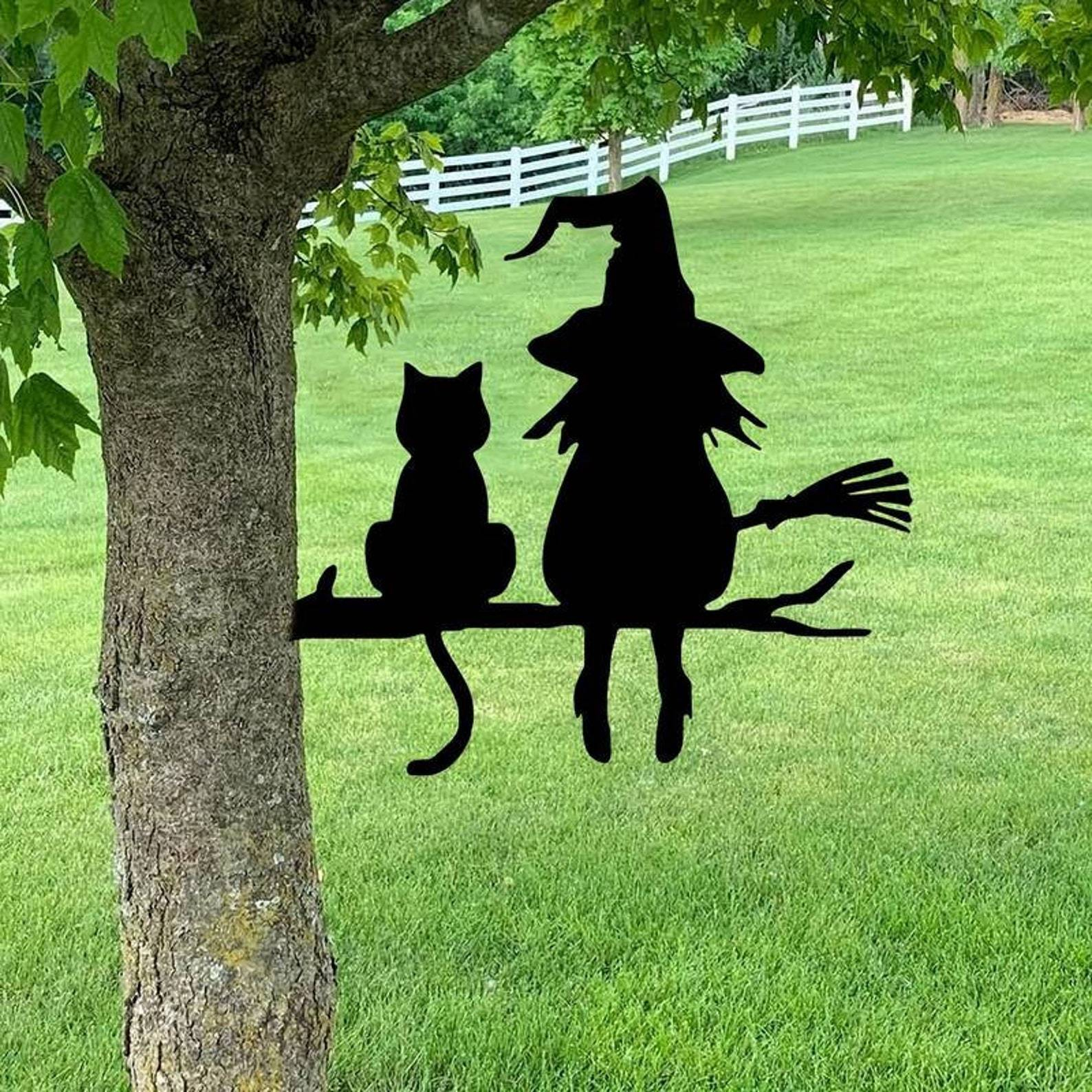 (20x15cm) Metall Hexe Silhouette Katze Baum Dekoration Garten Accessoire - Schwarz